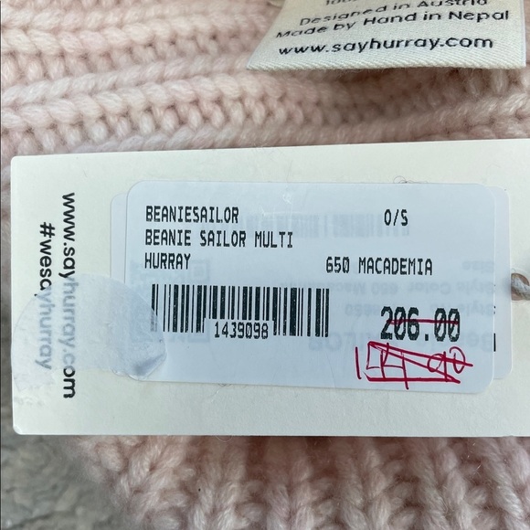 NWT Say Hurray Cashmere Knit Beanie Hat Ribbed Macadamia Light Pink